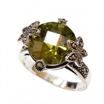 Marcasite Ring Rd Olivine Cubic Zirconia with Flower Marcasite on both Side