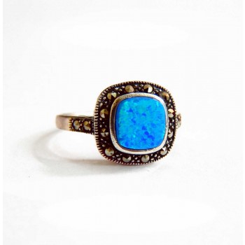 Marcasite Sterling Silver Ring Bezel Square Blue S