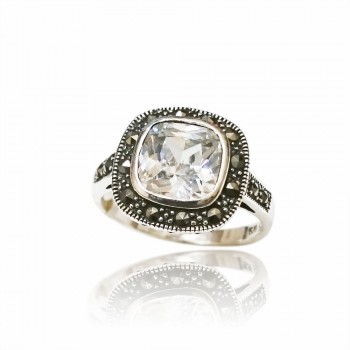 Marcasite Ring Bezel Square Clear Cubic Zirconia with Marcasite Around