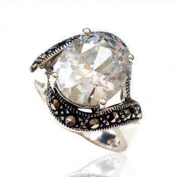 MS Ring Rd Clear Cz W/ Ms Curved Line Down & Top