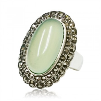 MS Ring 26X17Mm Oval Green Chalcedony W/ Ms Around