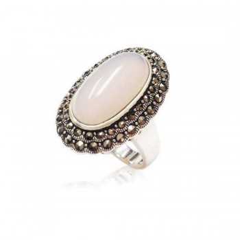 Marcasite Ring 26X17mm Oval Pink Chalcedony with Marcasite Around