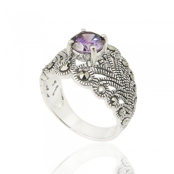 MS Ring Round Amethyst Cz With Leaf Filigree Band