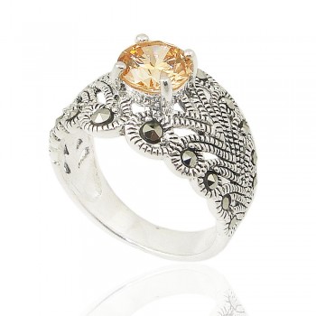 MS Ring Round Champagne Cz With Leaf Filigree Band
