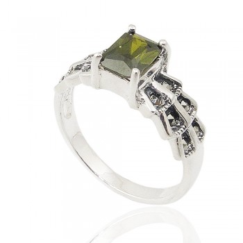 MS Ring Emerald Cut Olivine Cz Marcasite Side