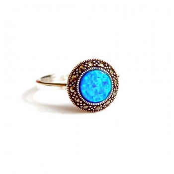 Marcasite Sterling Silver Ring 8Mm Round Blue Opal
