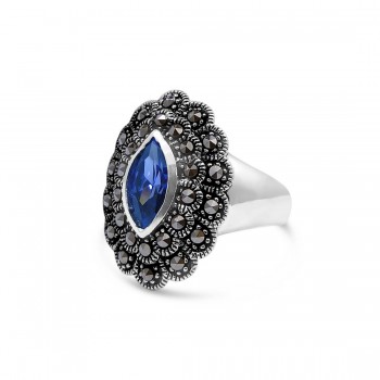 MARCASITE RING MARQUISE TANZANITE GLASS 2 LAYERS OF MS