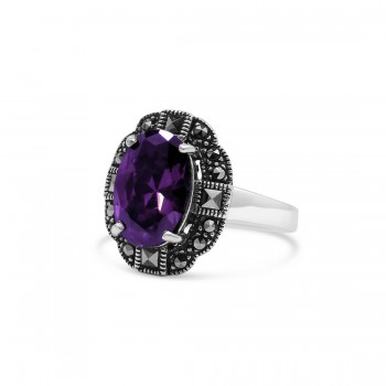 MARCASITE RING OVAL AMETHYST CUBIC ZIRCONIA  SQUARE CUT MS