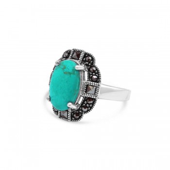 MARCASITE RING OVAL RECONTITUTED TURQUOISE SQUARE MS