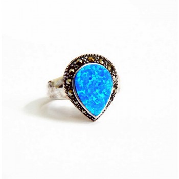Marcasite Sterling Silver Ring Tear Drop Blue Synt