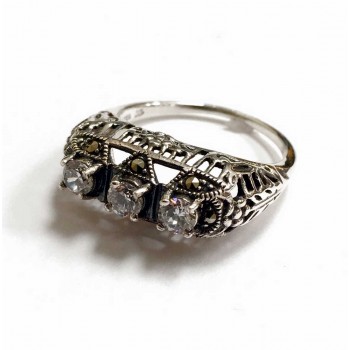 Marcasite Ring Tri Clear Cubic Zirconia Stones Side Filigree