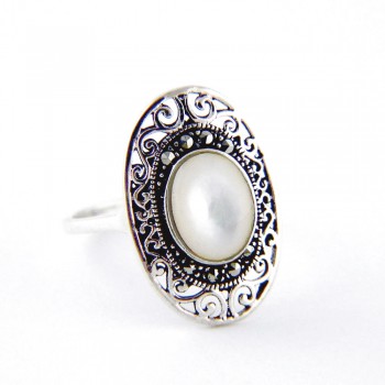 Marcasite Ring Oval Mother Of Pearl Oval Filigree