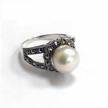 Marcasite Ring Fork Lines 9Mm Fresh Water Pearl Marcasite 