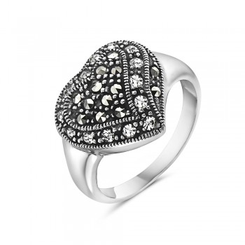 Marcasite RING PUFFY HEART SPARKLING EDGE WITH CLEAR Cubic Zirconia