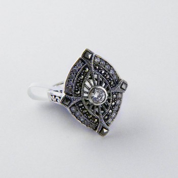 Marcasite RING MARQUIS ART DECO RADIATING LINES ROUND AND