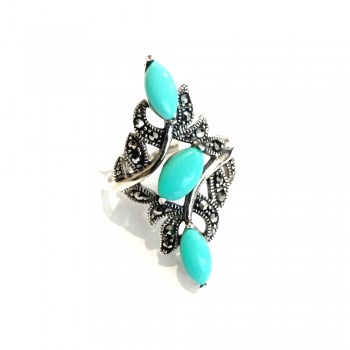 Marcasite RING MULTI-LEAF SHAPES 3 MARQUIS RECON TURQUOIS