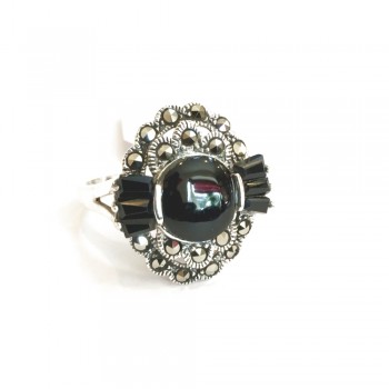 Marcasite RING OVAL WAVY MARCASITE 2 LAYERS BLACK ONYX