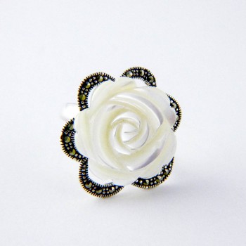 Marcasite RING MOTHER OF PEARL CARVED ROSE FLOWER MARCASI