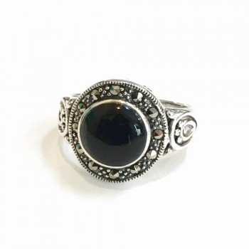 Marcasite RING ROUND ONYX  MARCASITE LINE TEAR DROP LINES