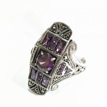 Marcasite RING ART DECO AMETHYST Cubic Zirconia ROUND AND BAGUETTE LO