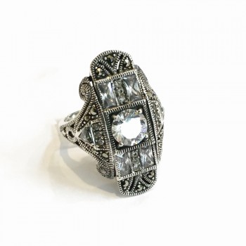 Marcasite RING ART DECO CLEAR Cubic Zirconia ROUND AND BAGUETTE LONG