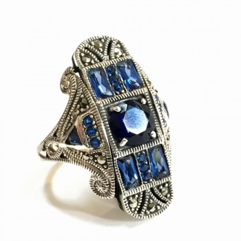 Marcasite RING ART DECO SYNTHETIC SAPPHIRE BLUE  ROUND AN  1M-4580S 