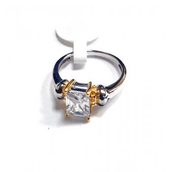 Sterling Silver Ring Two Tone Rectangular Clear CZ