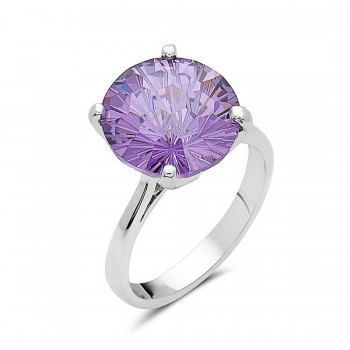 Sterling Silver Ring 12mm Amethyst Cubic Zirconia Flower Cut Solitaire