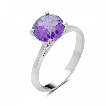 Sterling Silver Ring 8mm Flower Cut Amethyst Cubic Zirconia Solitaire