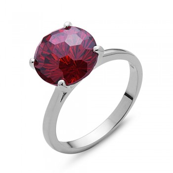 Sterling Silver Ring 10mm Garnet Cubic Zirconia Flower Cut Solitaire