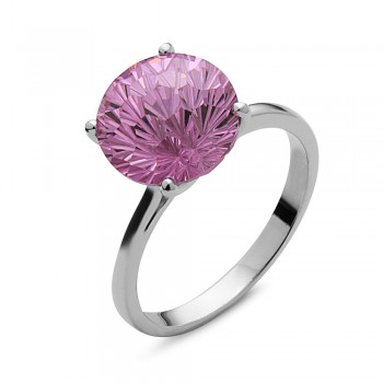 Sterling Silver Ring 10mm Pink Cubic Zirconia Flower Cut Solitaire