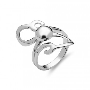 Sterling Silver Ring Long Curve Top+Bottom with Solid Ball Cntr-