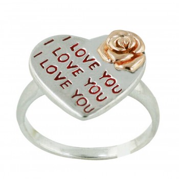 Sterling Silver Ring Plain Heart Rosegold Flower with Red Epoxy#14 I