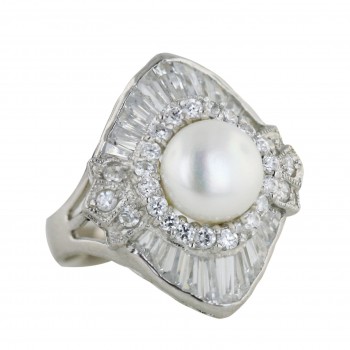 Sterling Silver Ring 9mmm White Fresh Water Pearl with Cubic Zirconia Baguett - 9