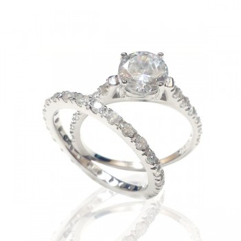 Sterling Silver Ring Engagement 7mm Round Clear Cubic Zirconia Solitaire (2Pcs Pc