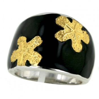 Sterling Silver Ring Black Enamel Concave with 2 Tone Gold Clovers