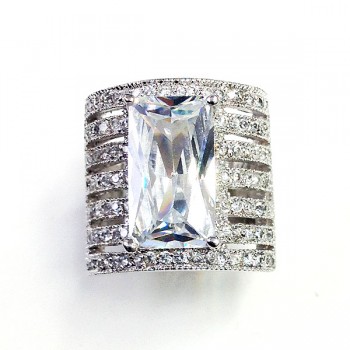 Sterling Silver Ring 16X9mm Rectangular Clear Cubic Zirconia with 7 Cubic Zirconia Row
