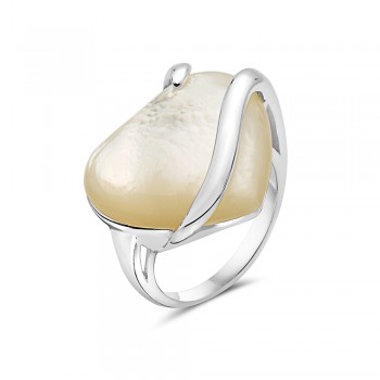Sterling Silver Ring (W=20mm) White Mother of Pearl Heart with Plain Lines by