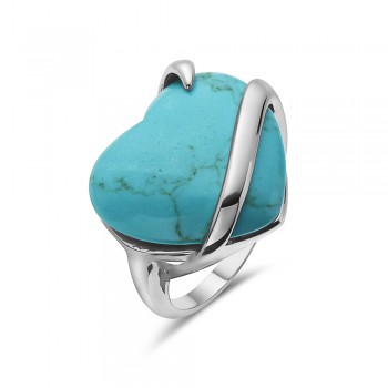Sterling Silver Ring (W=20mm) Faux Turquoise Heart with Plain Lines Bypa