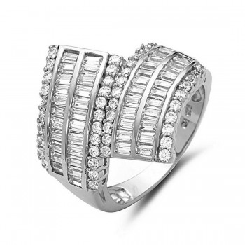 Sterling Silver Ring Oppositive Channel Setting Clear Cubic Zirconia Pave -Rhodium