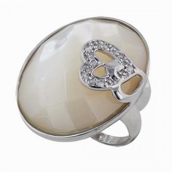 Sterling Silver Ring W=24mm Oval White Mother of Pearl Chess Cut with Pave Cubic Zirconia