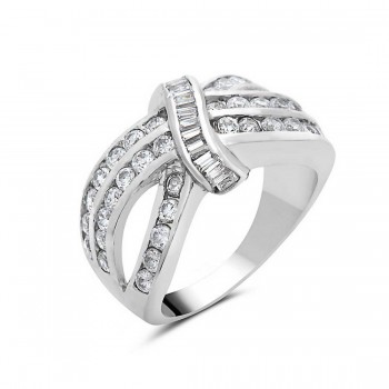 Sterling Silver Ring Clear Cubic Zirconia Criss Cross W/Baguette Center Acr 