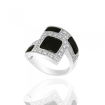 Sterling Silver Ring Square Onyx with Clear Cubic Zirconia