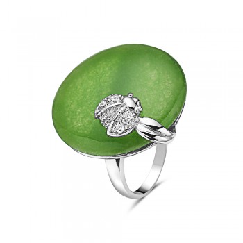 Sterling Silver Ring 23mm Round Green Jade with Clear Cubic Zirconia Ladybug