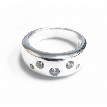 Sterling Silver Ring 5 Pc Clear Cubic Zirconia Round on Plain Band--E-coated/Nickle Free--