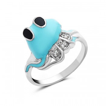 Sterling Silver Ring Turquoise Blue Enamel+Clear Cubic Zirconia Octopus