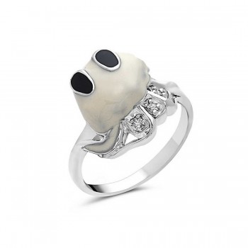 Sterling Silver Ring White Enamel+Clear Cubic Zirconia Octopus