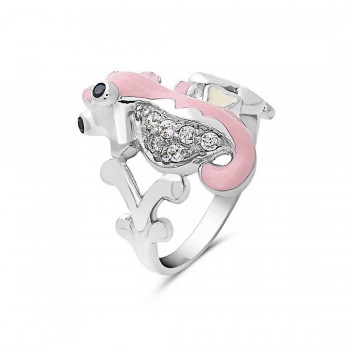 Sterling Silver Ring Pink Enamel+Clear Cubic Zirconia Seahorse