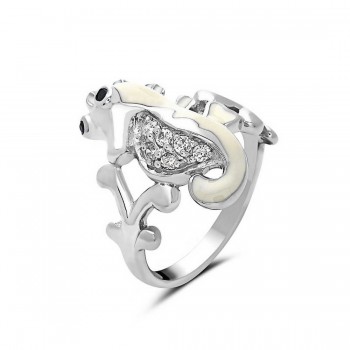 Sterling Silver Ring White Enamel+Clear Cubic Zirconia Seahorse