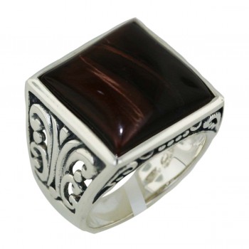 Sterling Silver Ring 18X18mm Rd. Tiger Eye Square Bezel Set with Oxi